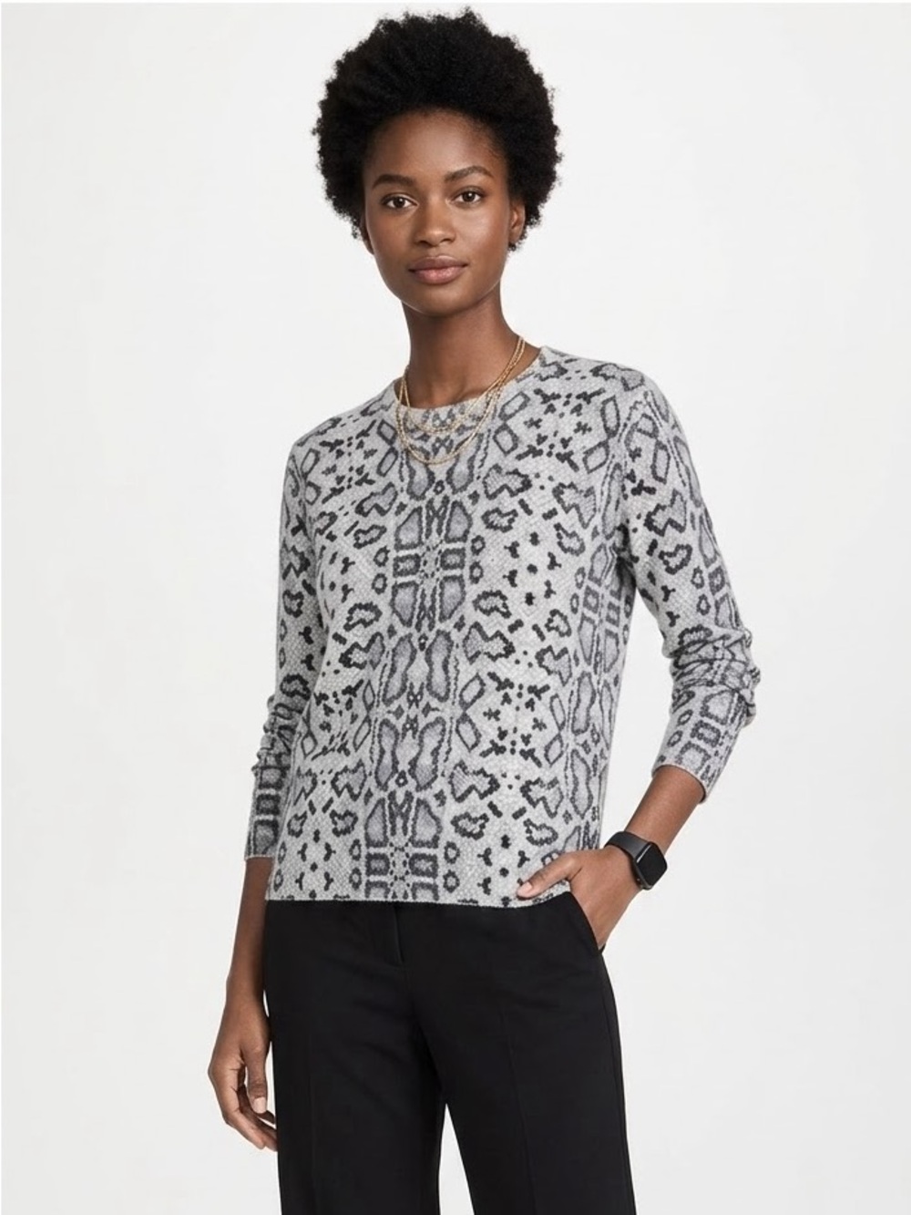 Quiet Luxury 100% Cashmere Crewneck Sweater Minimalist Preppy Python Snake Print